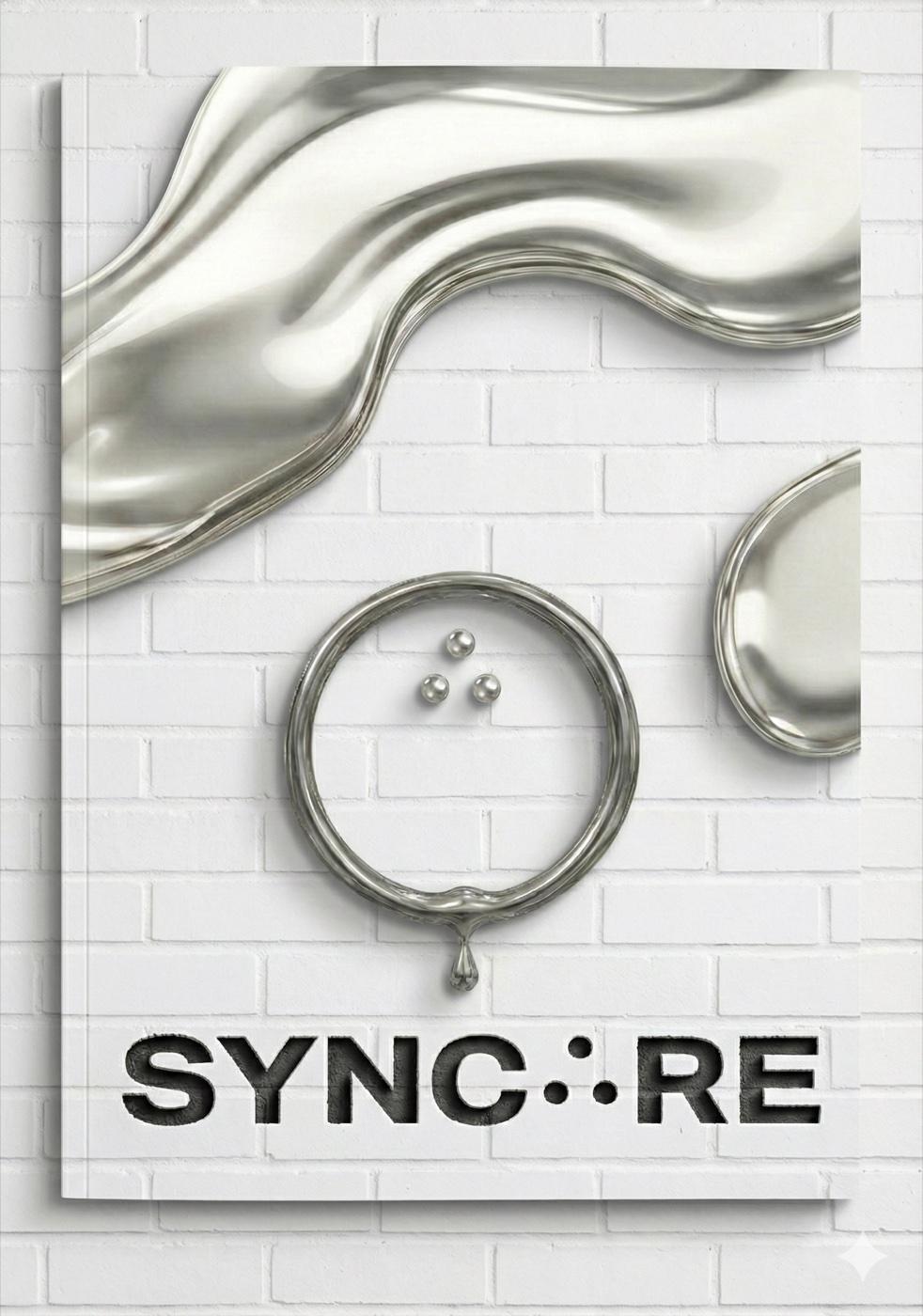 白いレンガの壁を流れる溶けた銀が、SYNC∴REのエンブレムに生まれ変わるアートワーク