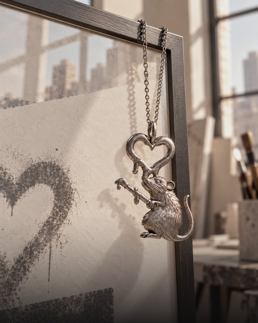 BRANDALISED Heart Rat シルバーペンダント（額縁に掛けた実写）